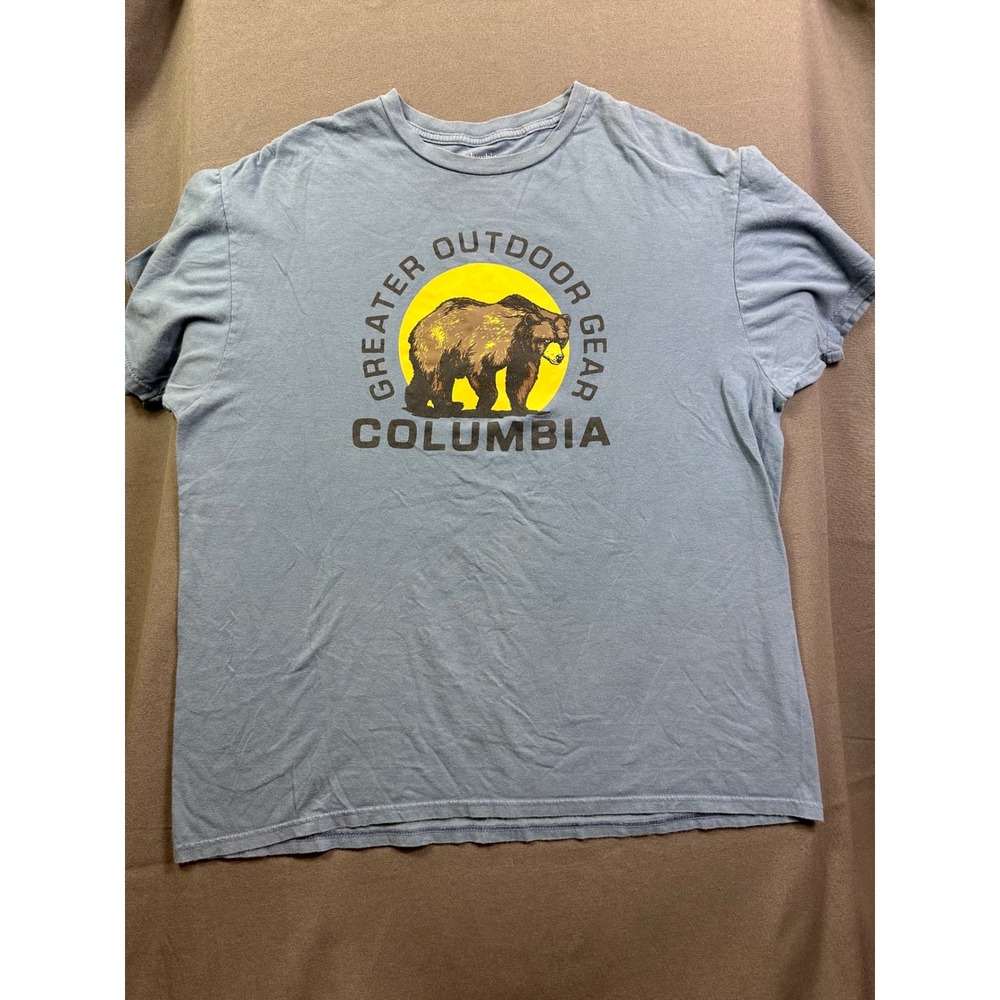 Columbia Men XL Greater Outdoor Gear Bear Graphic T-Shirt Blue Cotton Short Slv